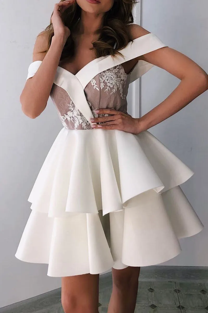 White sweetheart off shoulder short prom dress, white homecoming