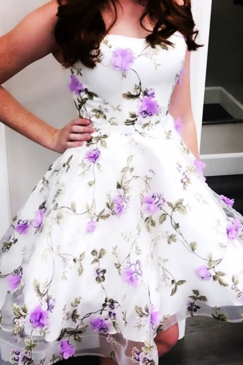 White tulle purple flower short prom dress cocktail dress