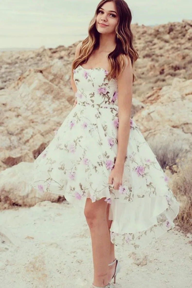White tulle purple flower short prom dress cocktail dress