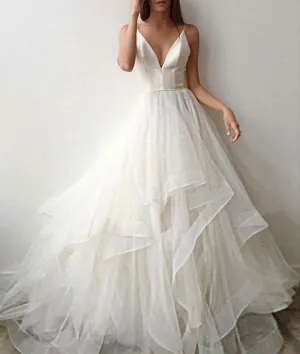 White tulle v neck long prom dress, white tulle evening dress