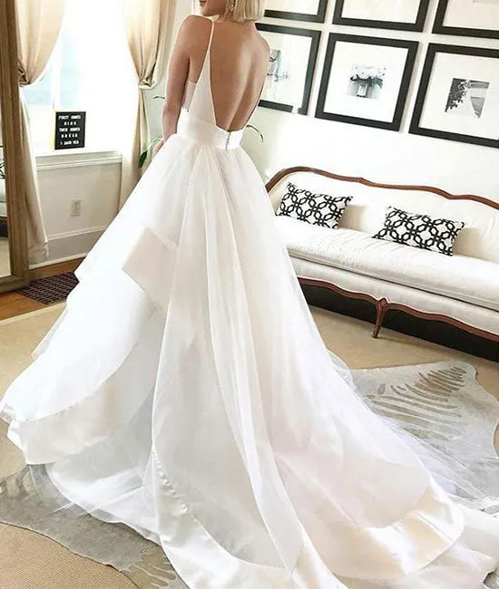 White tulle v neck long prom dress, white tulle evening dress