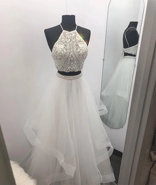 White two pieces tulle beads long prom dress, white evening dress