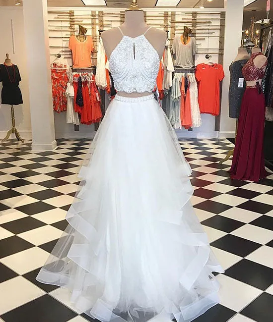 White two pieces tulle beads long prom dress, white evening dress
