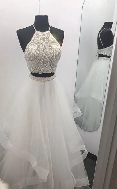 White two pieces tulle beads long prom dress, white evening dress