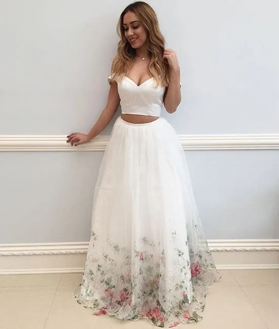 white two pieces tulle long prom dress, white evening dress