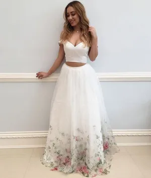 white two pieces tulle long prom dress, white evening dress