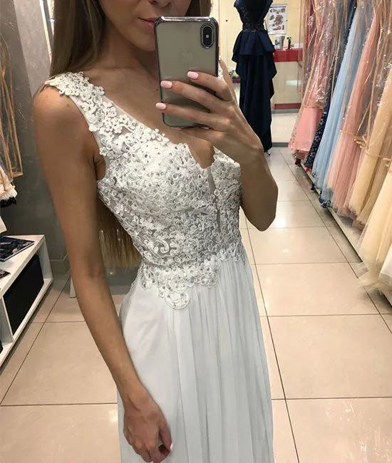 White v neck chiffon lace long prom dress, lace evening dress