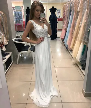 White v neck chiffon lace long prom dress, lace evening dress