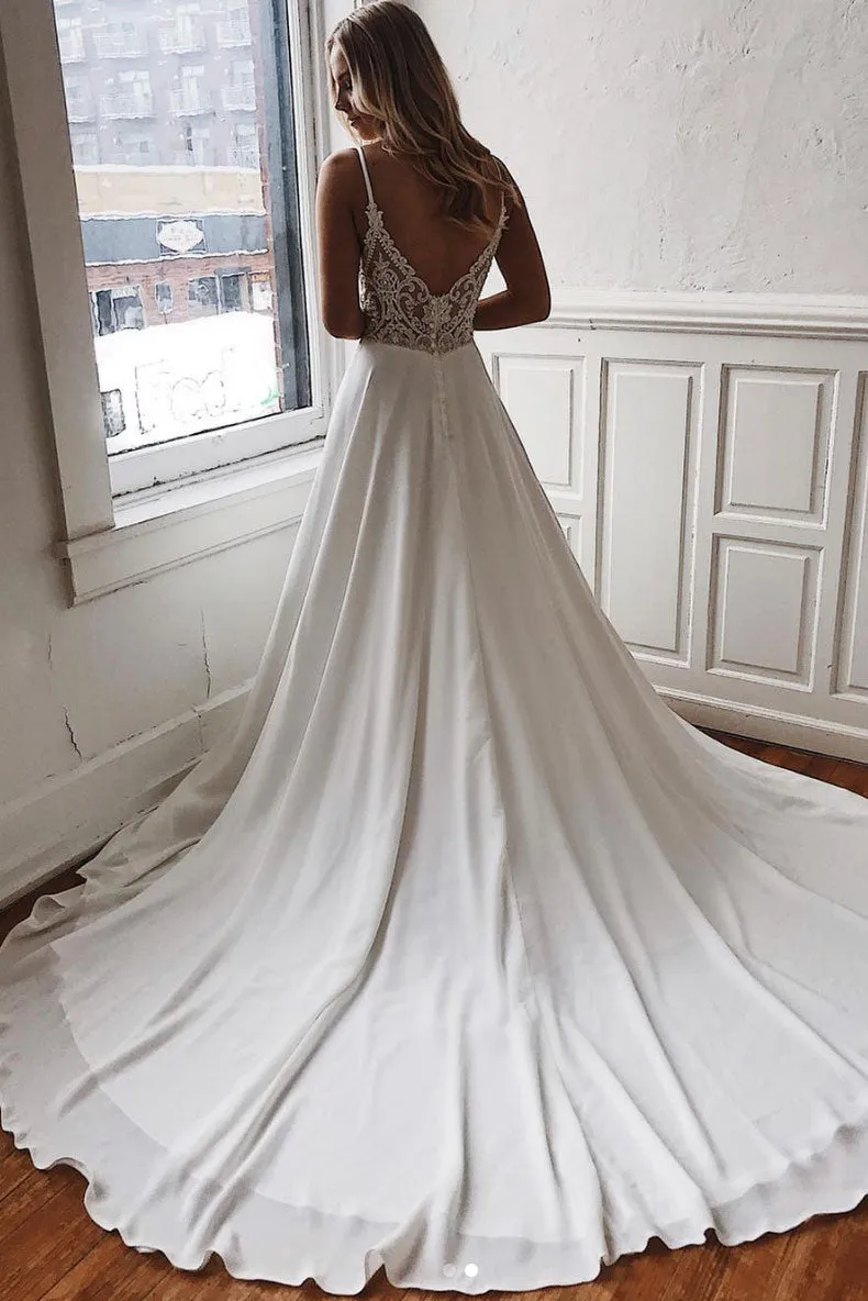 White v neck chiffon long prom dress, white lace evening dress