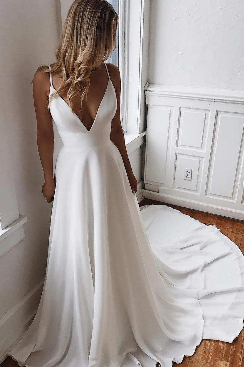White v neck chiffon long prom dress, white lace evening dress