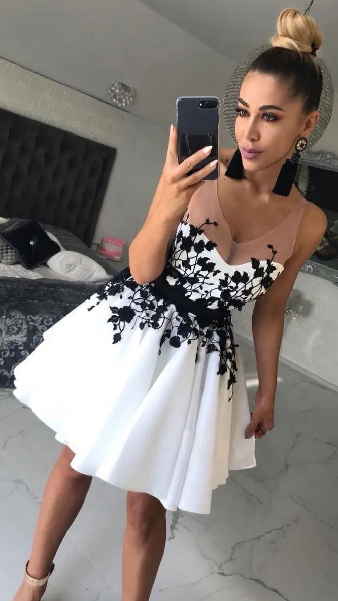 White v neck lace applique short prom dress, white homecoming dress