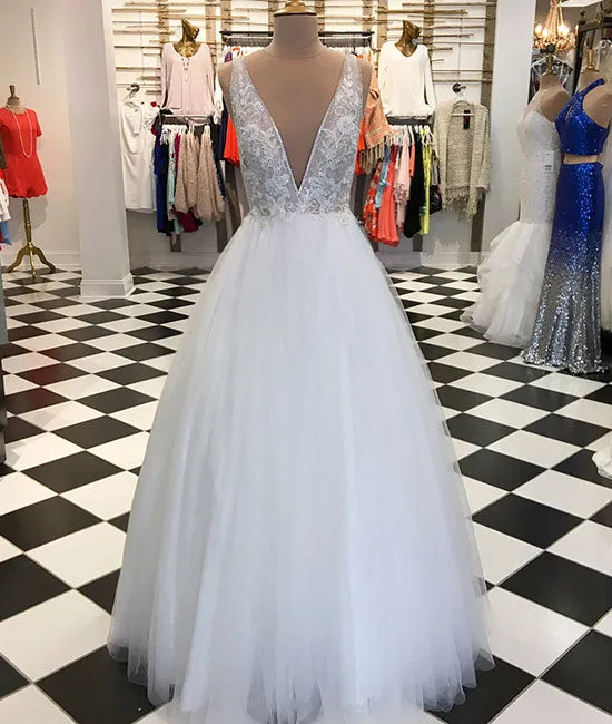 White v neck tulle lace applique long prom dress, white evening dress