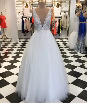 White v neck tulle lace applique long prom dress, white evening dress
