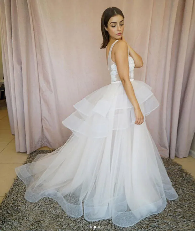 White v neck tulle lace long prom dress, white tulle evening dress