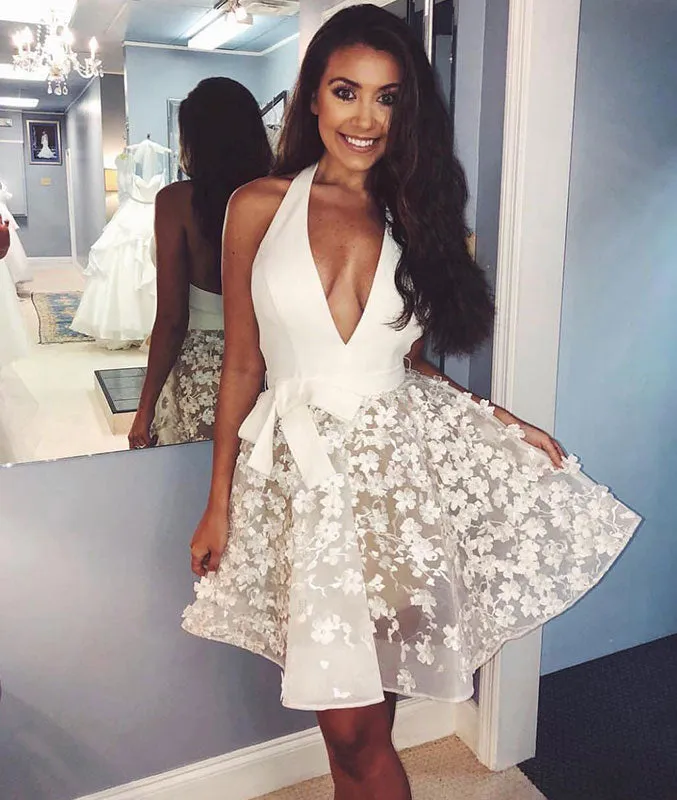 White v neck tulle short prom dress, white tulle lace homecoming dress