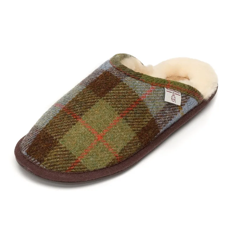 William - Harris Tweed Mule - Chocolate / Green Check