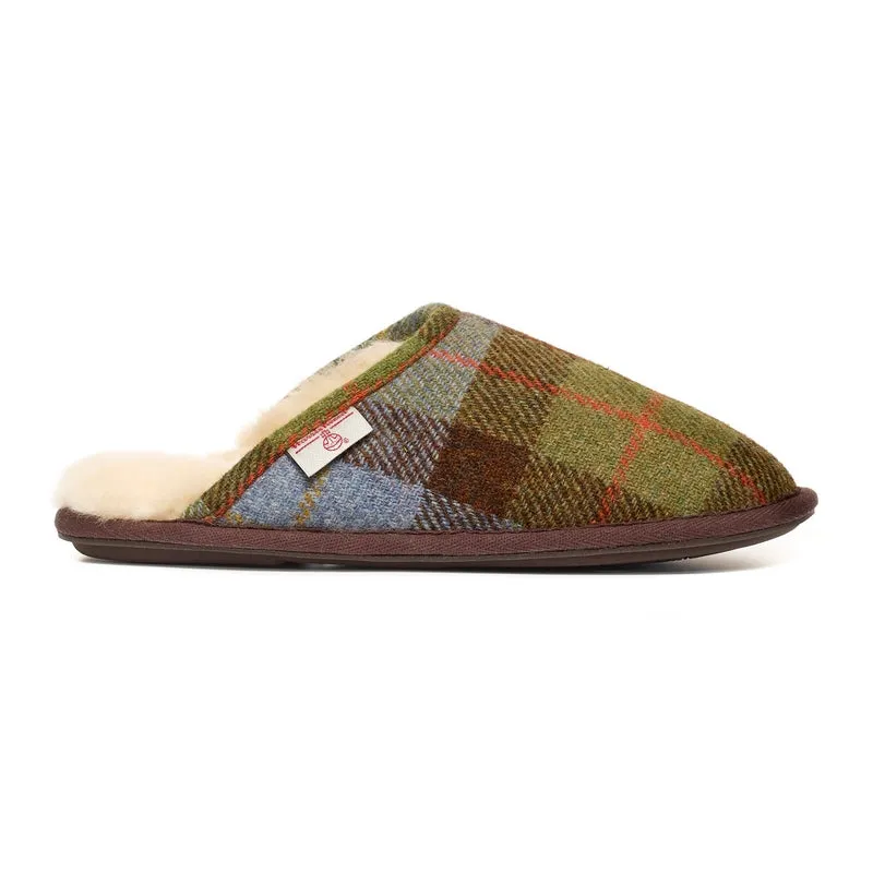 William - Harris Tweed Mule - Chocolate / Green Check