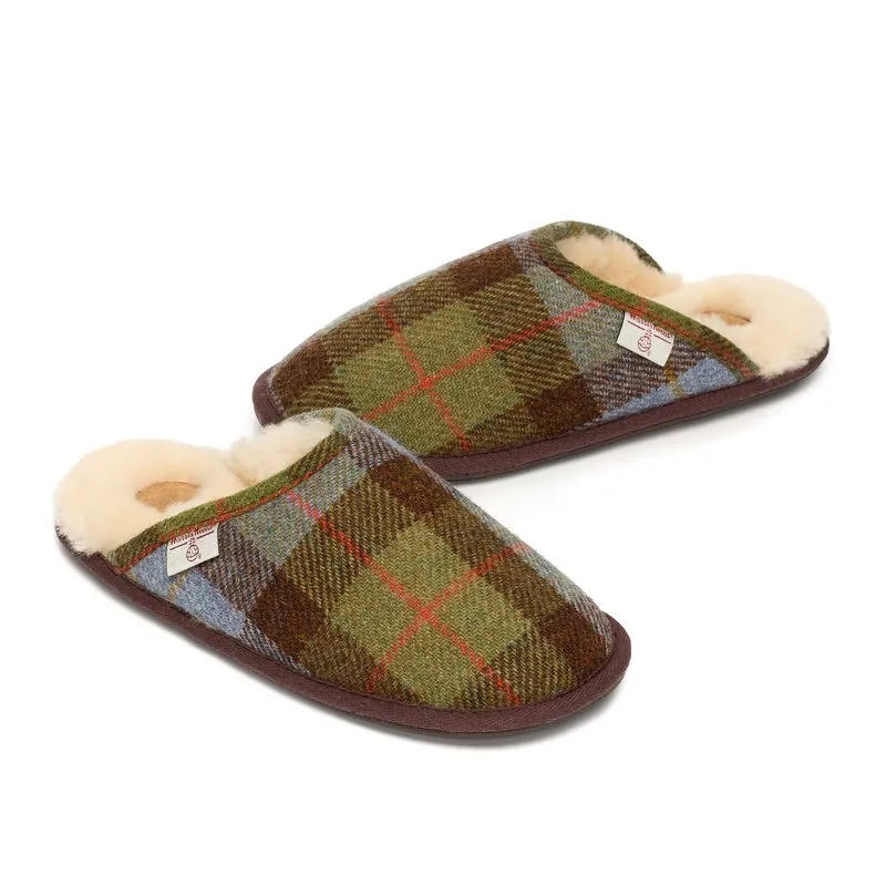 William - Harris Tweed Mule - Chocolate / Green Check