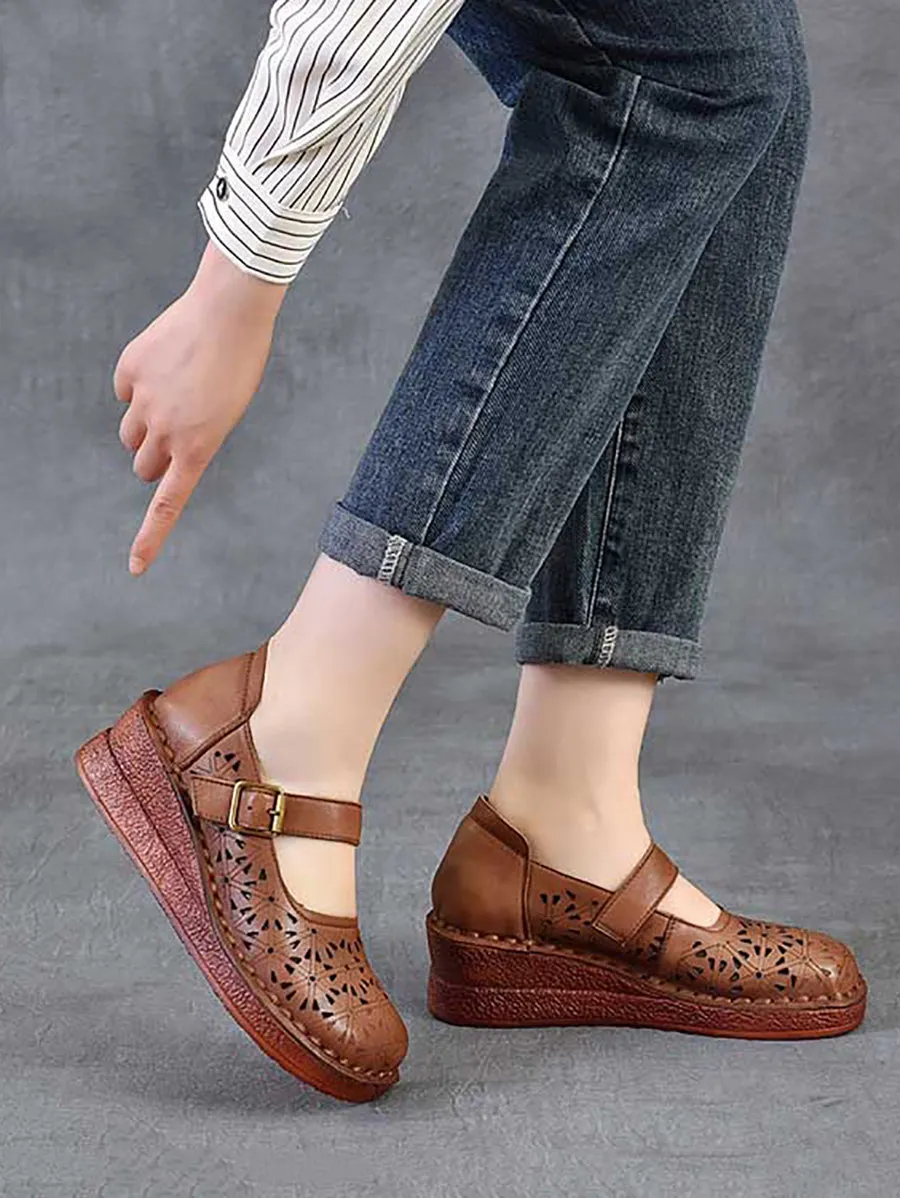 Women Genuine Leather Hollow Out Platform Shoes