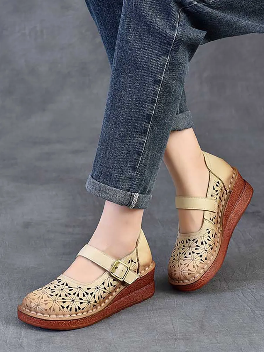 Women Genuine Leather Hollow Out Platform Shoes