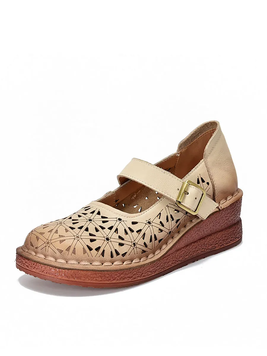 Women Genuine Leather Hollow Out Platform Shoes