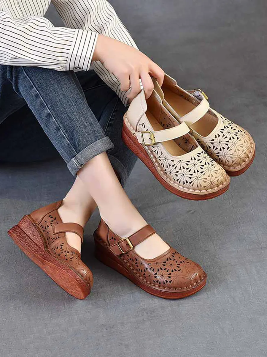 Women Genuine Leather Hollow Out Platform Shoes