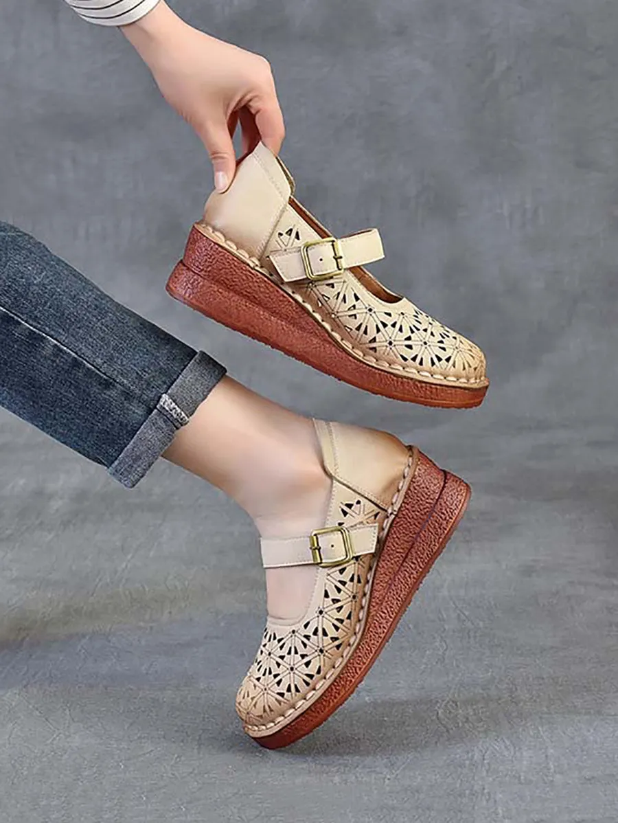 Women Genuine Leather Hollow Out Platform Shoes