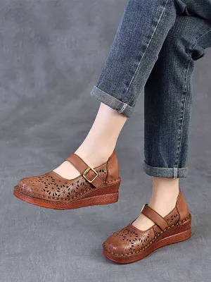 Women Genuine Leather Hollow Out Platform Shoes