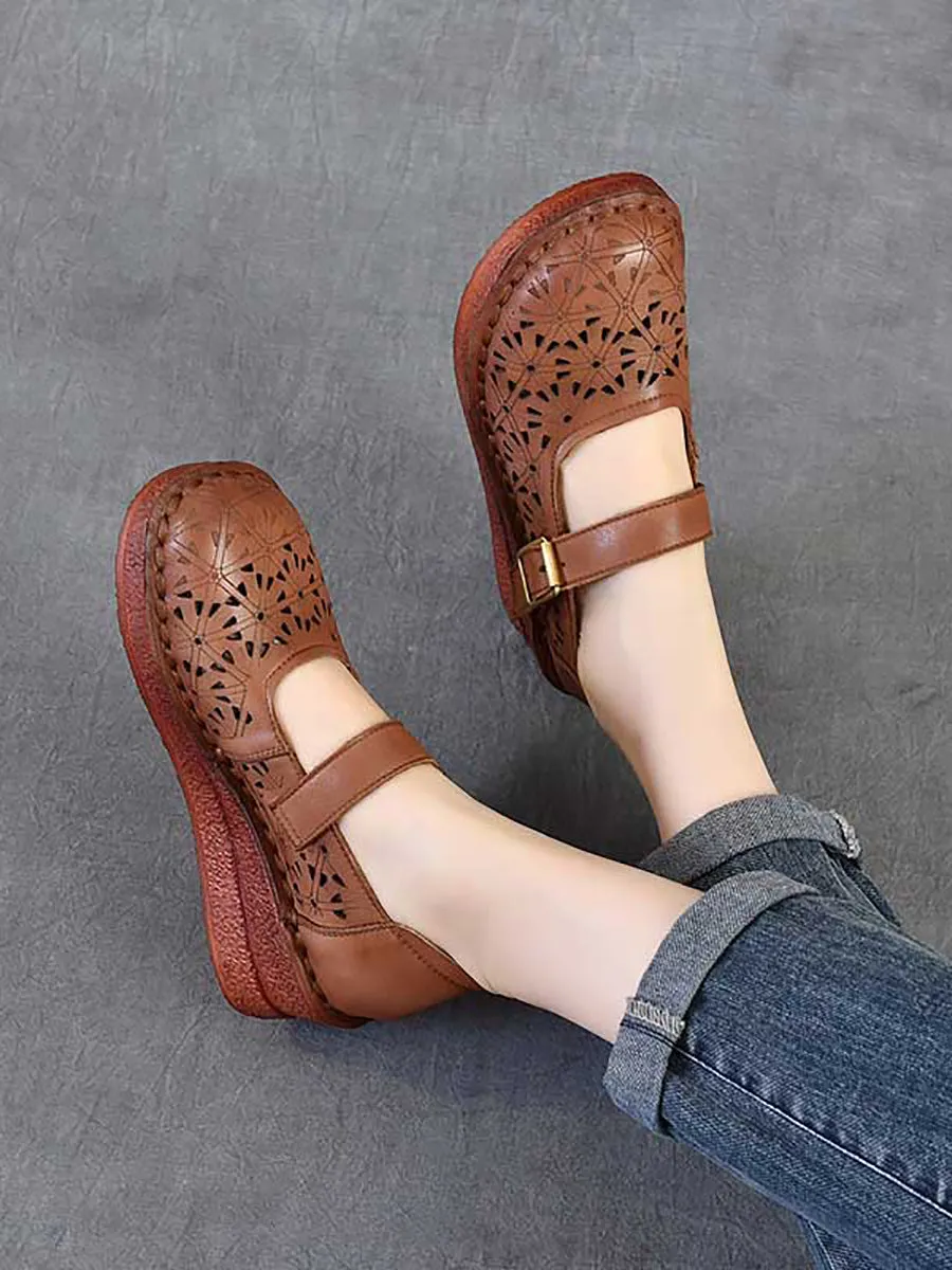Women Genuine Leather Hollow Out Platform Shoes
