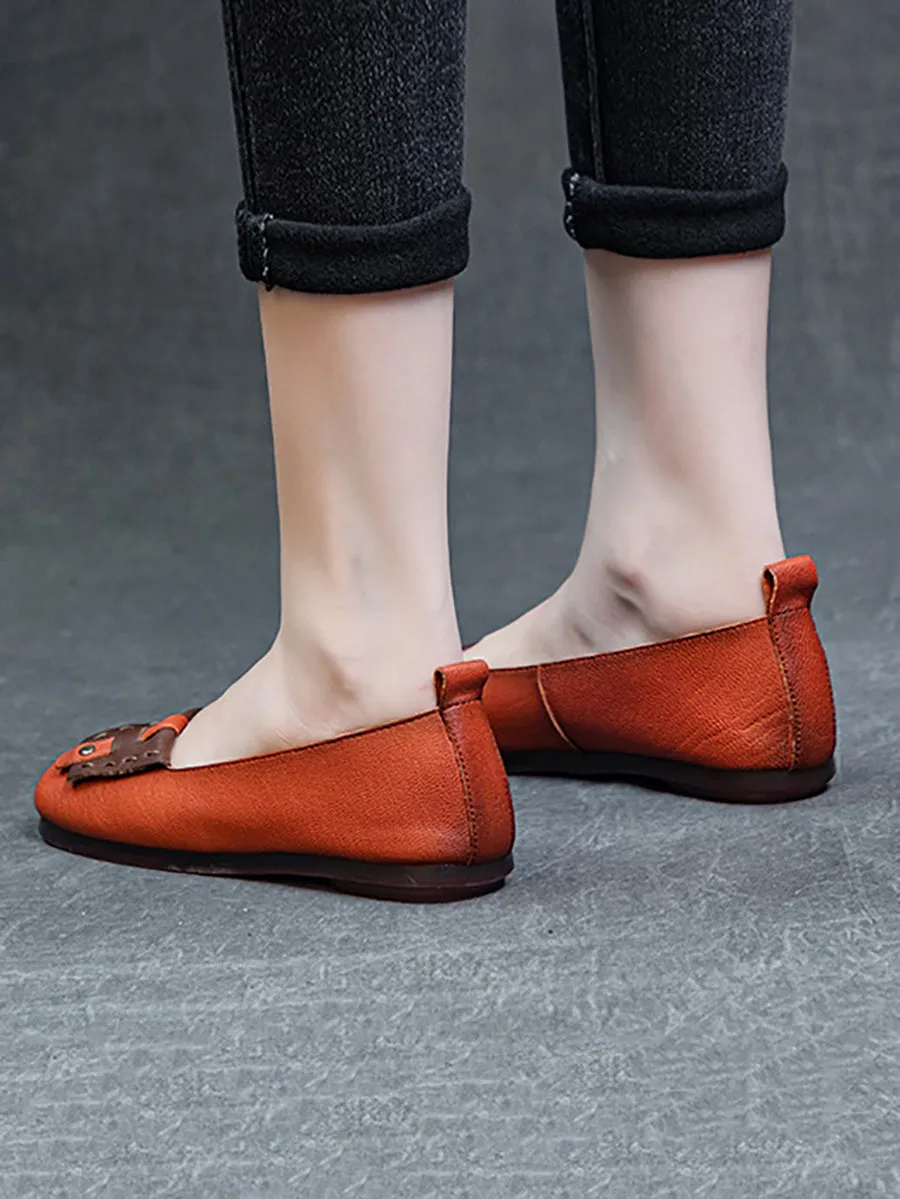 Women Summer Ethnic Colorblock Leahter Soft Flat Shoes