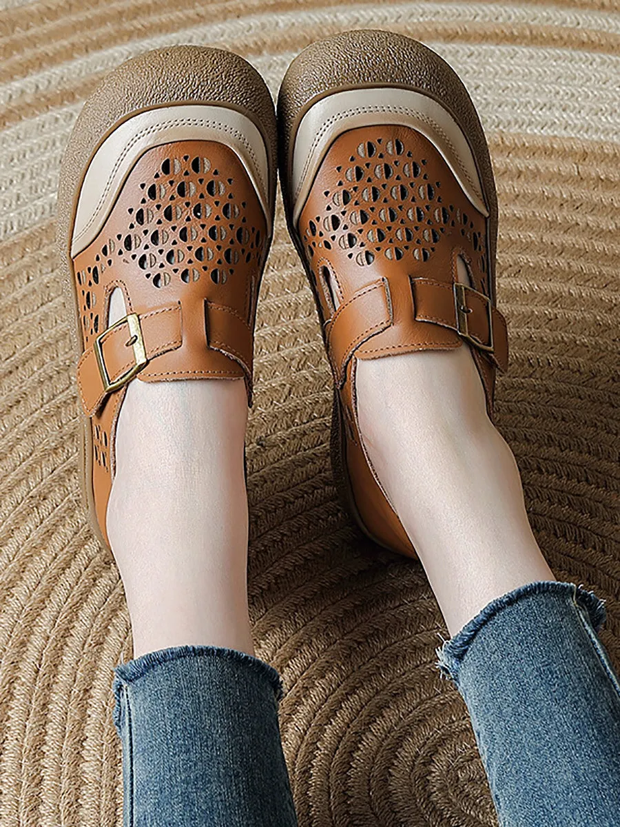 Women Summer Pure Color Leather Flat Shoes
