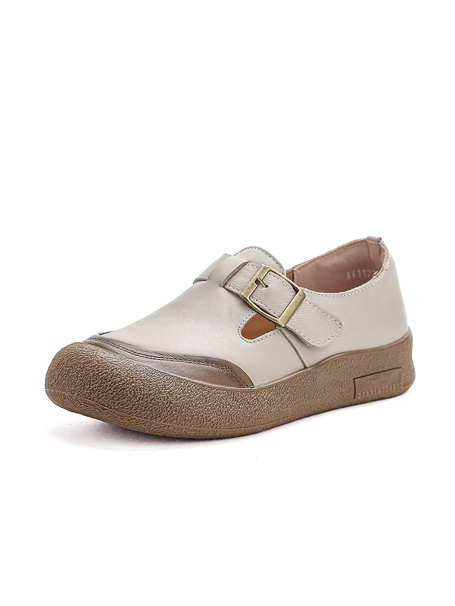 Women Summer Pure Color Leather Flat Shoes