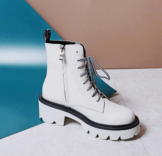 Women's Female Ankle Boots Flat Shoes Winter Genuine Leather Lace Up Shoes Punk Plus Riding Botines Mujer