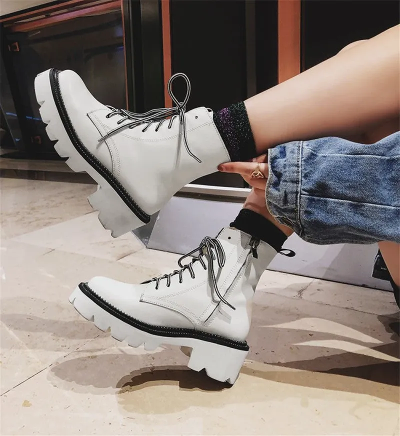 Women's Female Ankle Boots Flat Shoes Winter Genuine Leather Lace Up Shoes Punk Plus Riding Botines Mujer