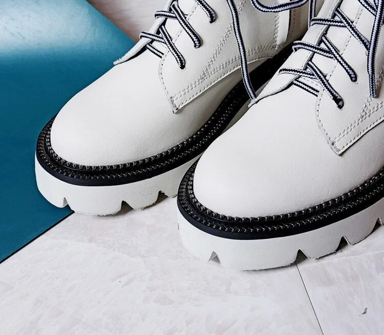 Women's Female Ankle Boots Flat Shoes Winter Genuine Leather Lace Up Shoes Punk Plus Riding Botines Mujer