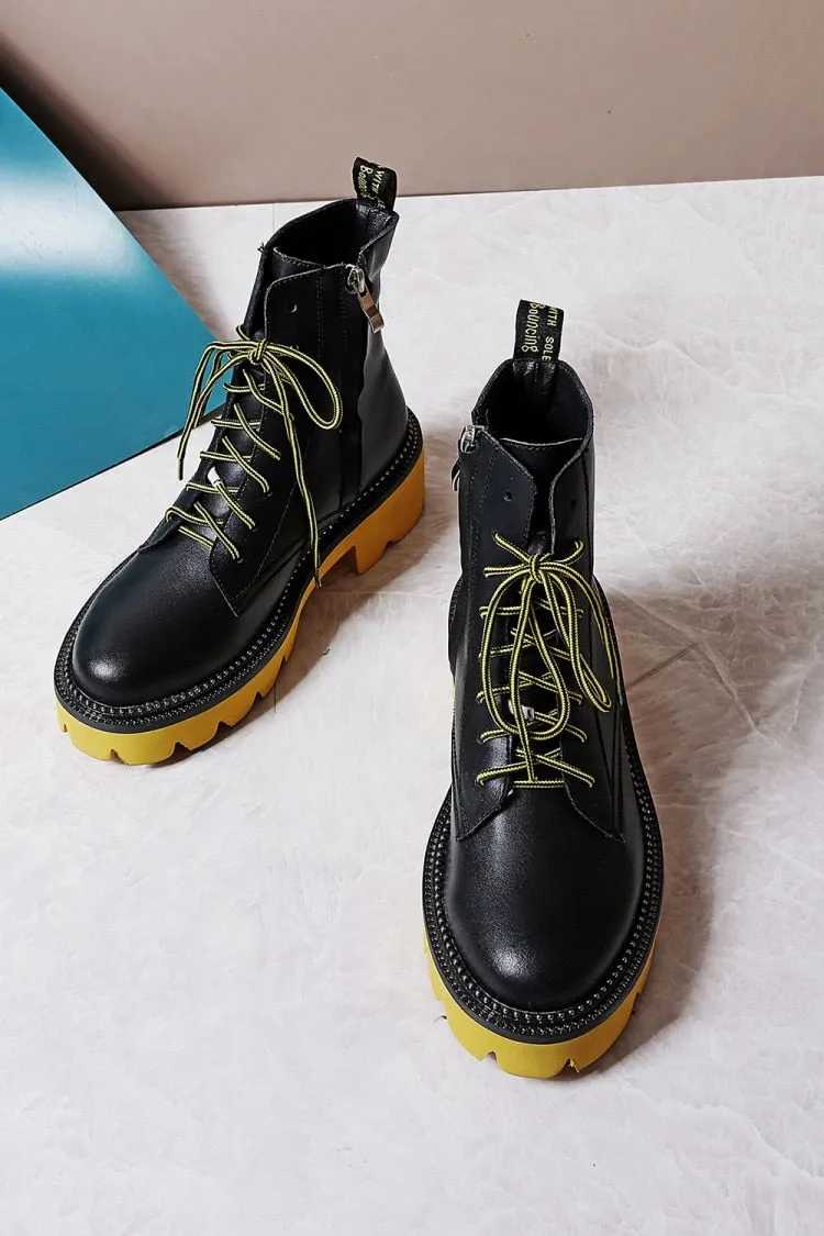 Women's Female Ankle Boots Flat Shoes Winter Genuine Leather Lace Up Shoes Punk Plus Riding Botines Mujer