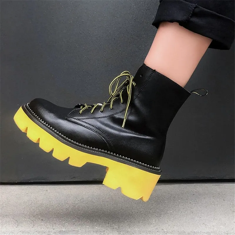 Women's Female Ankle Boots Flat Shoes Winter Genuine Leather Lace Up Shoes Punk Plus Riding Botines Mujer