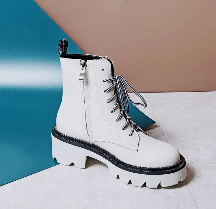 Women's Female Ankle Boots Flat Shoes Winter Genuine Leather Lace Up Shoes Punk Plus Riding Botines Mujer