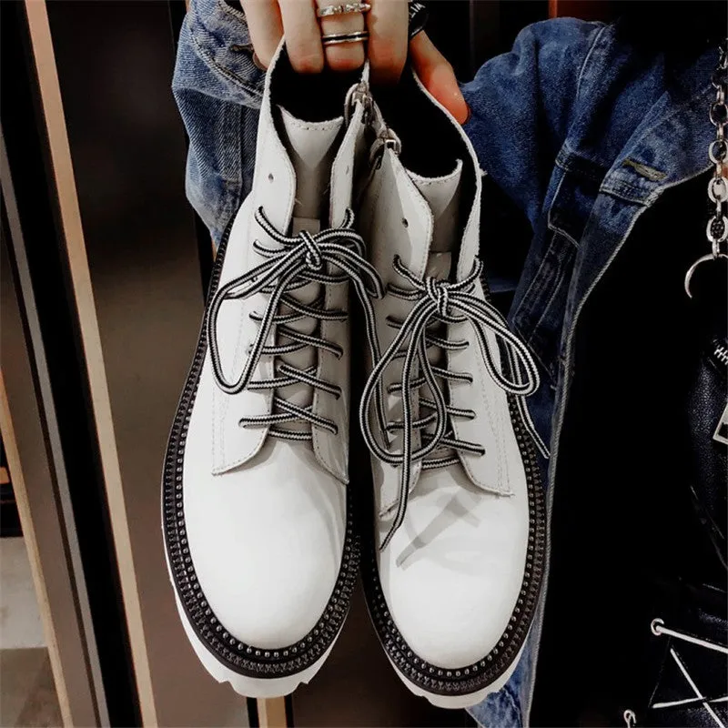 Women's Female Ankle Boots Flat Shoes Winter Genuine Leather Lace Up Shoes Punk Plus Riding Botines Mujer