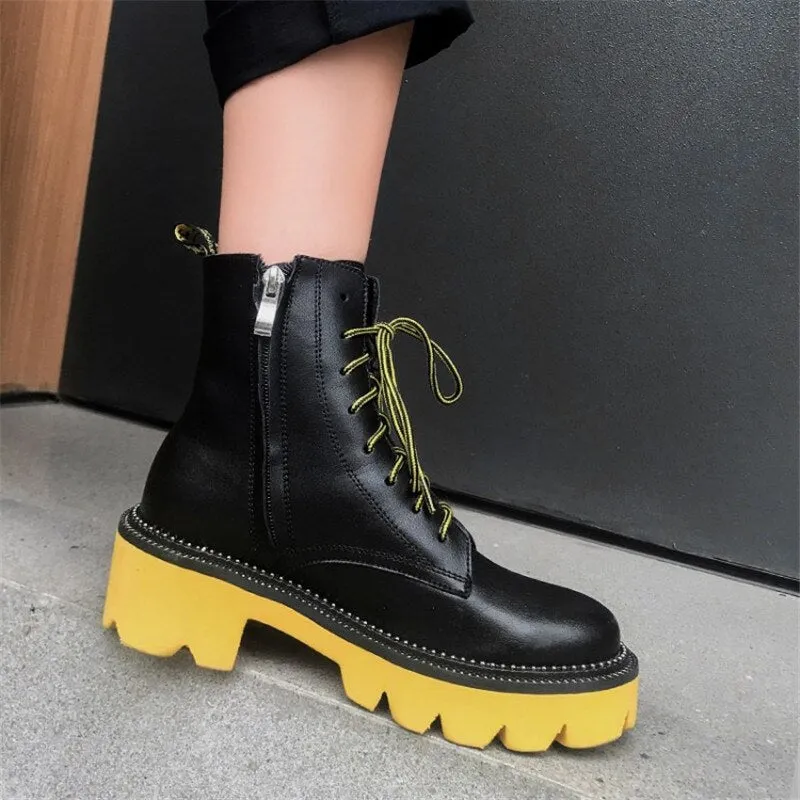 Women's Female Ankle Boots Flat Shoes Winter Genuine Leather Lace Up Shoes Punk Plus Riding Botines Mujer
