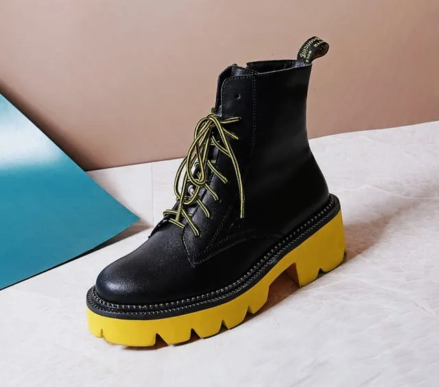 Women's Female Ankle Boots Flat Shoes Winter Genuine Leather Lace Up Shoes Punk Plus Riding Botines Mujer