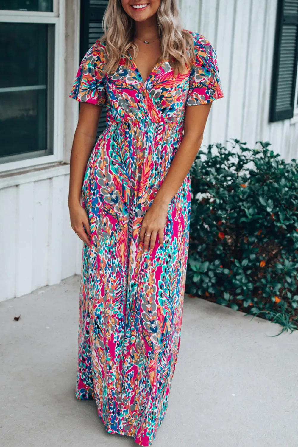 Wrap V Neck Floral Maxi Dress