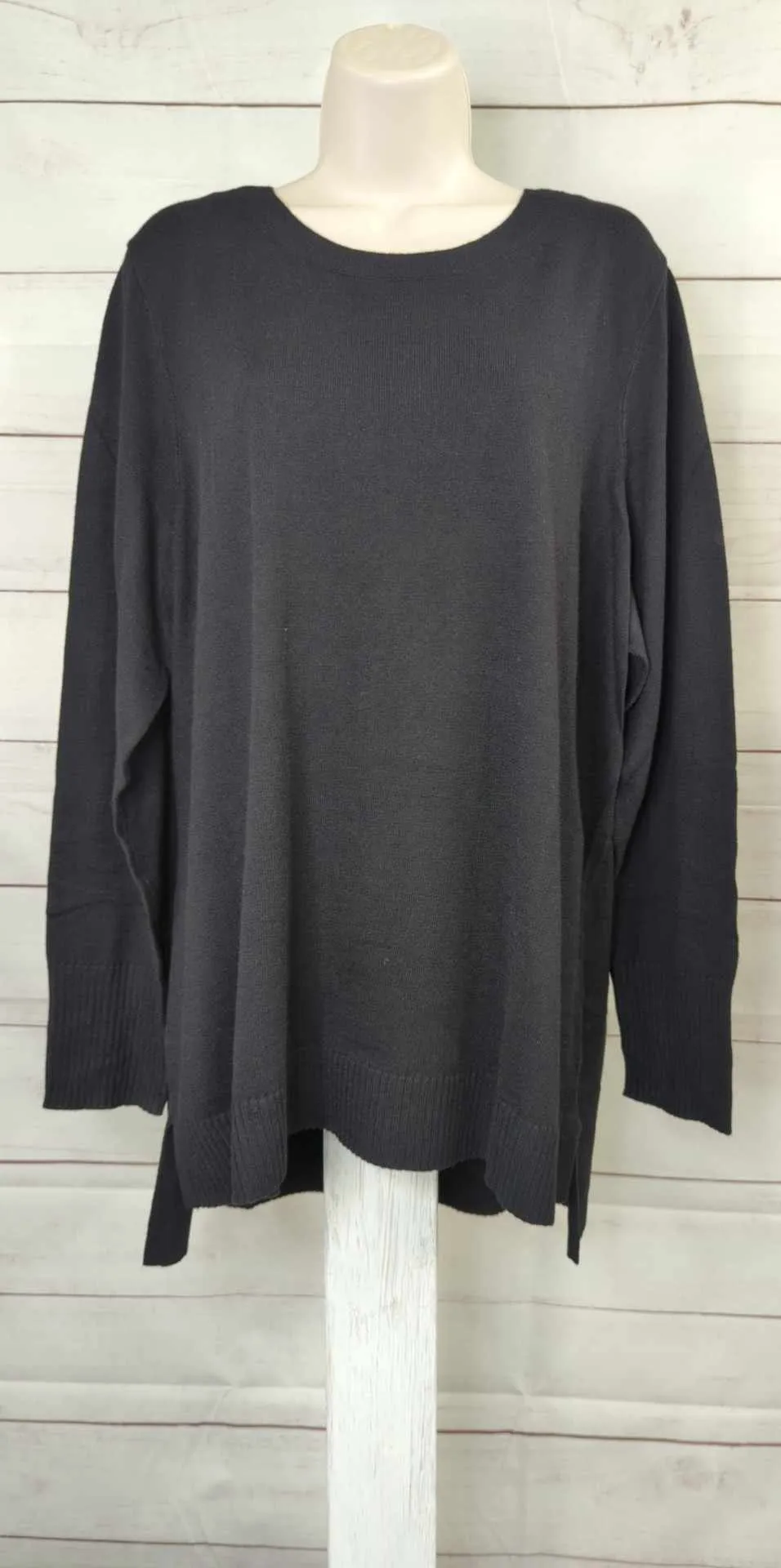 XLARGE BLACK A515549 Denim & Co. Crew Neck Long Sleeve Hi-Low Pullover Sweater