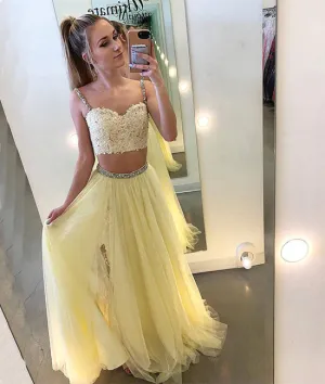 Yellow two pieces lace tulle long prom dress, yellow evening dress