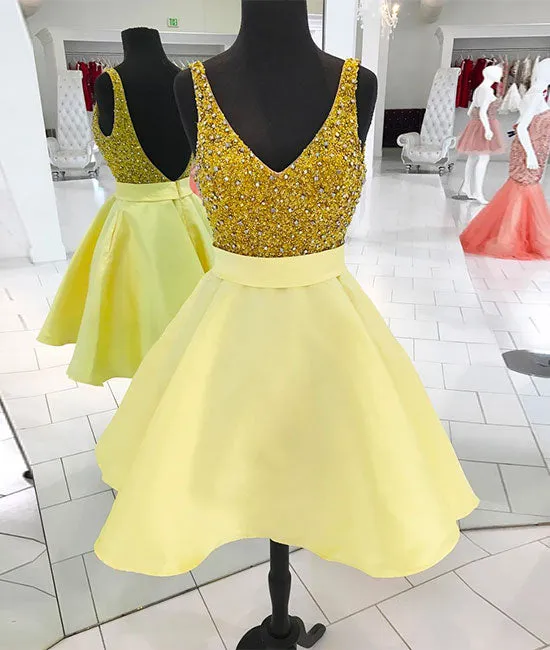 Yellow v neck sequin short prom dress, homecoming dress