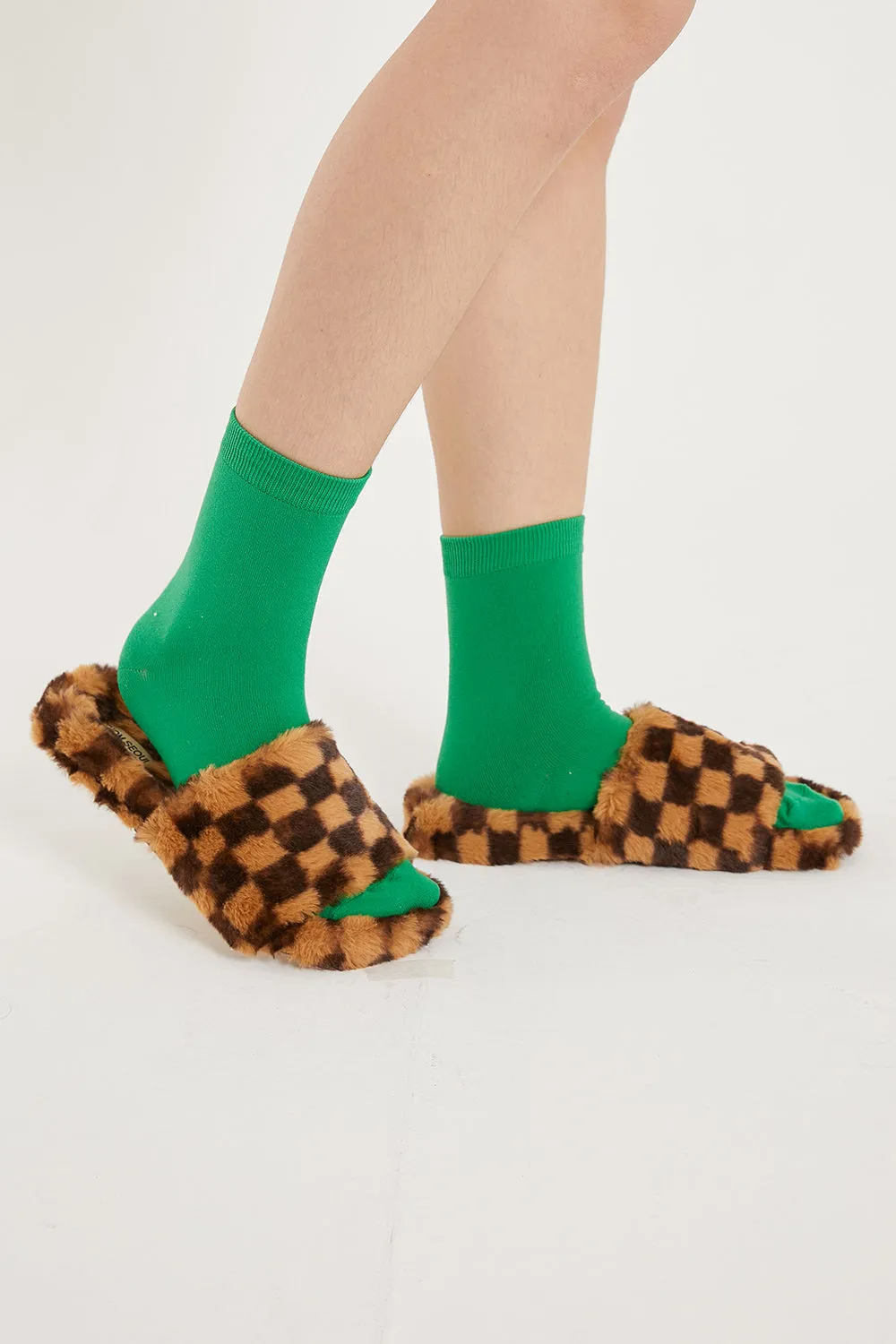 Yva Checkerboard Faux Fur Open Slipper