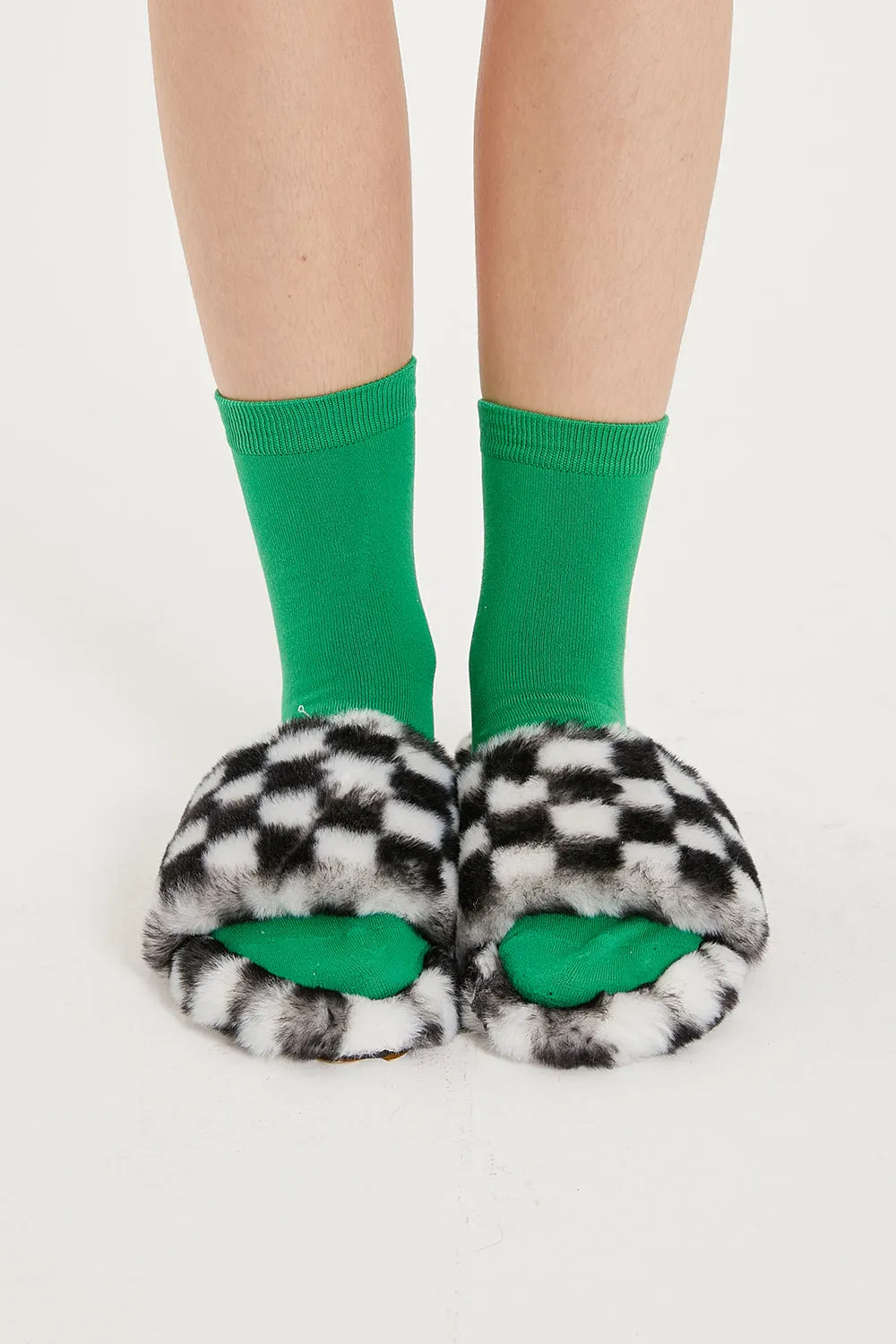 Yva Checkerboard Faux Fur Open Slipper