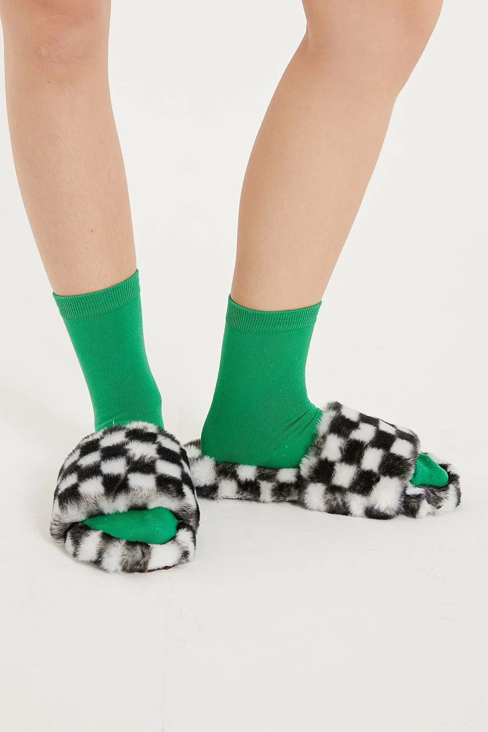 Yva Checkerboard Faux Fur Open Slipper