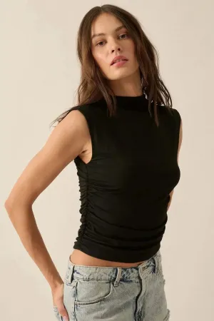 Yve Ruched Mock Neck Tank - Black