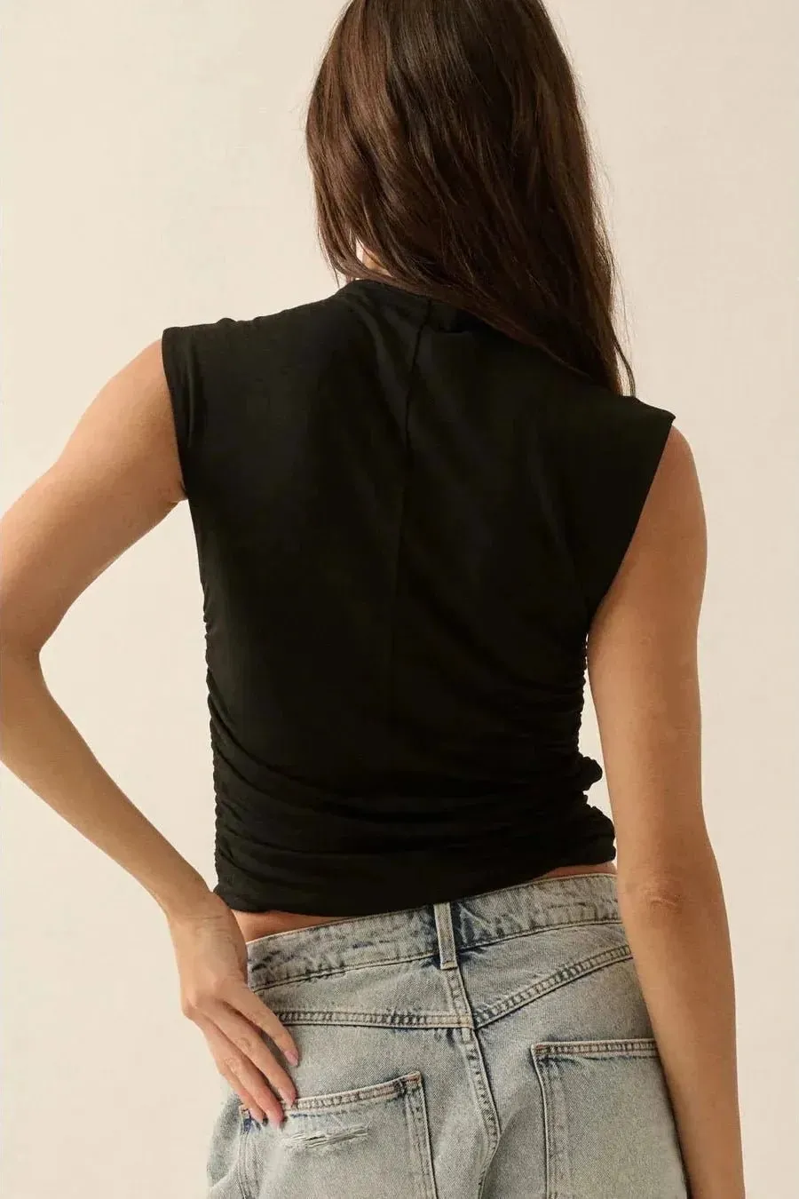 Yve Ruched Mock Neck Tank - Black
